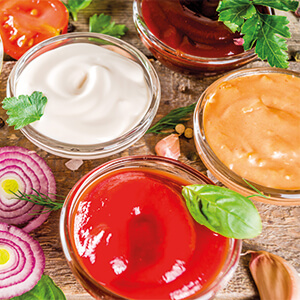 Sauces Ketchup, mayonnaise, mustard, caramel sauces, topping sauces, chocolate sauces etc. are some of the most used sauces.  Ketchup; It is a type of sauce prepared with various additives and aromas, after certain stages of ripe and red tomatoes.  Mayonn